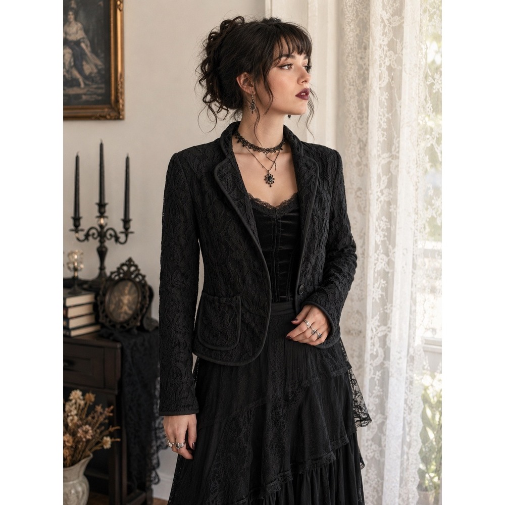 INC International Concepts Black Floral Lace Blazer Vintage Y2K Goth Jacket M